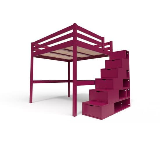 Lit Mezzanine Sylvia Avec Escalier Cube Bois, Couleur: Prune, Dimensions: 160x200