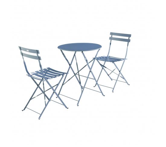 Salon De Jardin Bistrot Pliable - Emilia Rond Bleu Grisé - Table Ø60cm Avec Deux Chaises Pliantes.