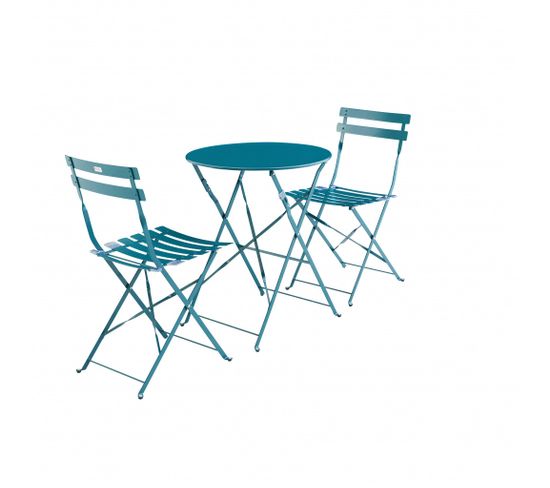 Salon De Jardin Bistrot Pliable - Emilia Rond Bleu Canard - Table Ronde Ø60cm Avec Deux Chaises