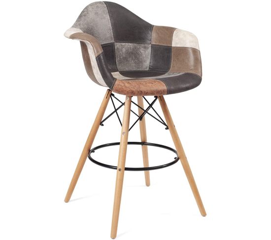 Chaise haute de bar patchwork style scandinaves avec accoudoirs TIBA (marron)