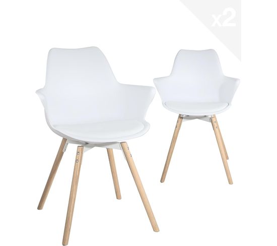 Lot de 2 fauteuils scandinave avec accoudoirs et coussin MOTI (blanc)