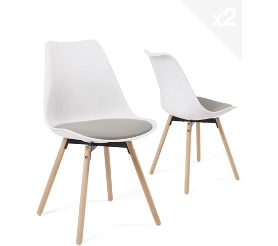 Lot de 2 chaises design Scandinave avec coussin MIA (blanc gris)