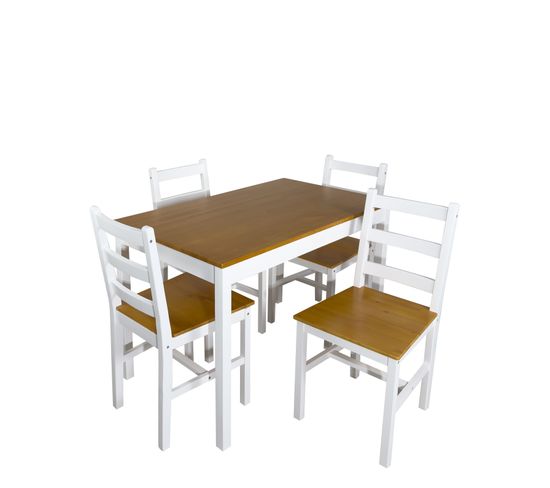 Ensemble 4 chaises et table cuisine bois massif NIL (blanc & miel)