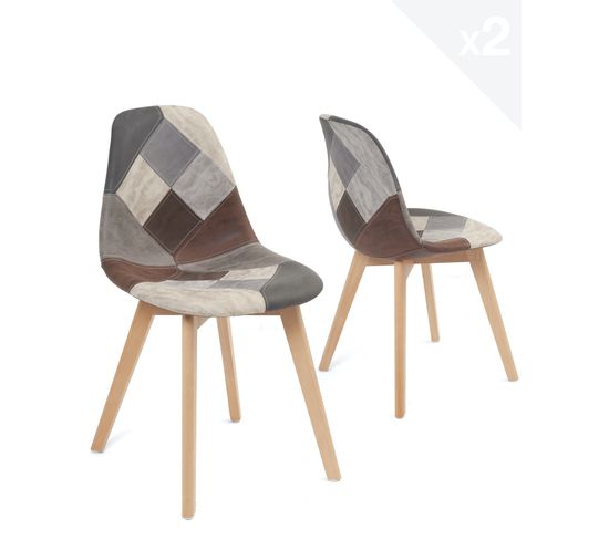 Lot de 2 chaises scandinaves patchwork simili cuir NADA (bleu-gris)