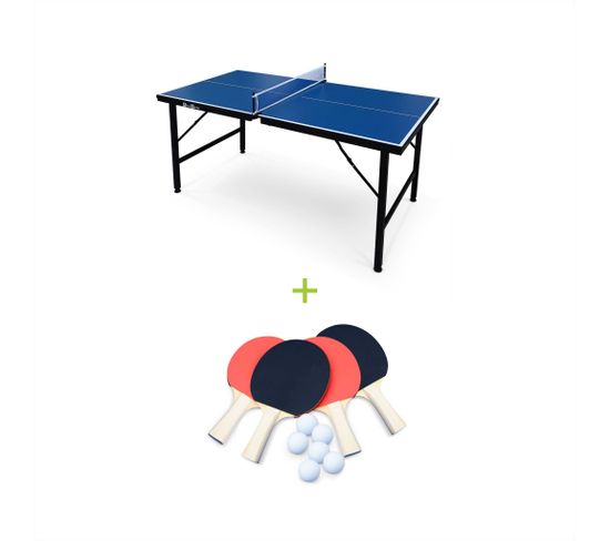 Mini Table De Ping Pong 150x75cm - Table Pliable Indoor Bleue. Avec 4 Raquettes Et 6 Balles. Valise