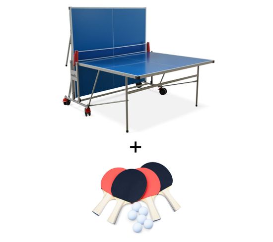 Table De Ping Pong Outdoor Bleue - Table Pliable Avec 4 Raquettes Et 6 Balles. Pour Utilisation