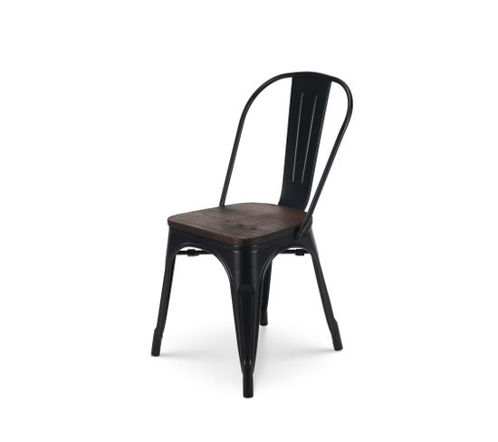 Chaise En Métal Noir Mat Avec Assise En Bois Foncé - Style Industriel