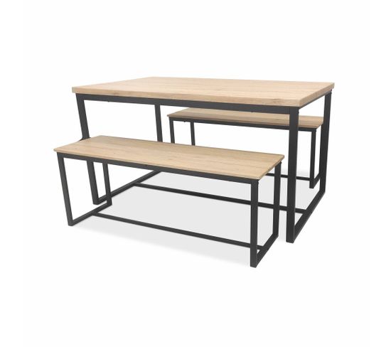 Set Loft Table Rectangulaire En Acier Noir L140x L80 X H75cm. 2 Bancs De L120x L35x H46cm. 4 Places