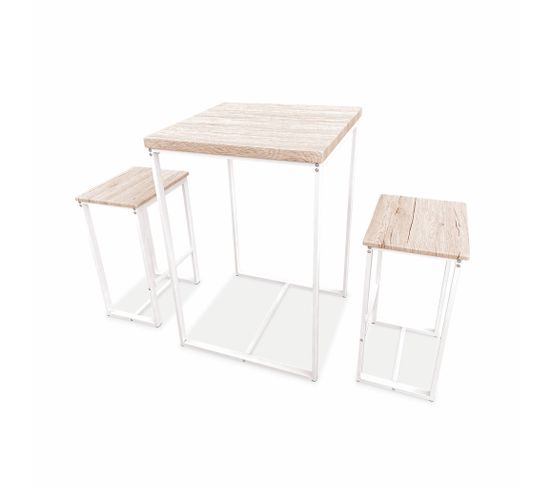 Set Table Haute Carré - Loft - Avec 2 Tabourets De Bar. Acier Et Décor Bois. Encastrable. Design