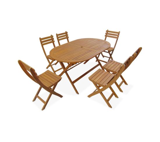 Table De Jardin Pliable 150cm En Bois D'acacia Déjà Huilé. Forme Ovale Avec 6 Chaises Pliables