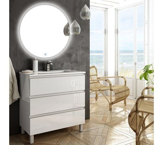Meuble De Salle De Bain Simple Vasque - Palma Et Miroir Rond LED Solen - Blanc - 70cm