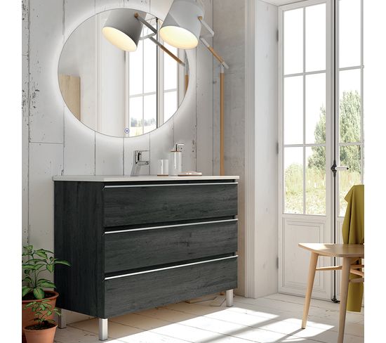 Meuble De Salle De Bain Simple Vasque - Palma Et Miroir Rond LED Solen - Ebony (bois Noir) - 60cm