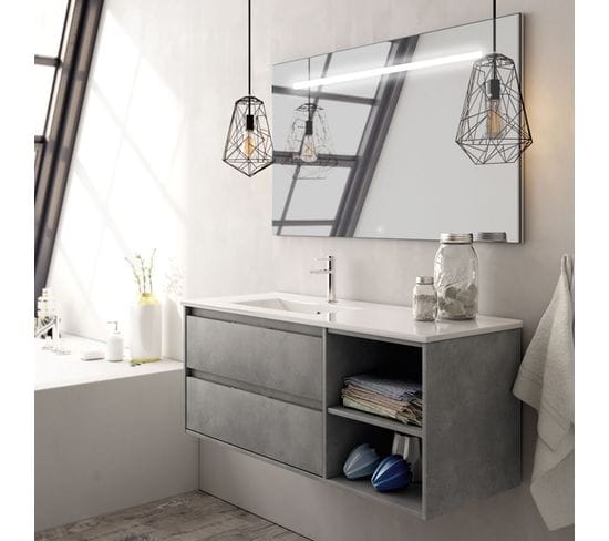 Meuble De Salle De Bain Vasque Déportée - Olympe Et Miroir LED Stam - Ciment (gris) - 120cm