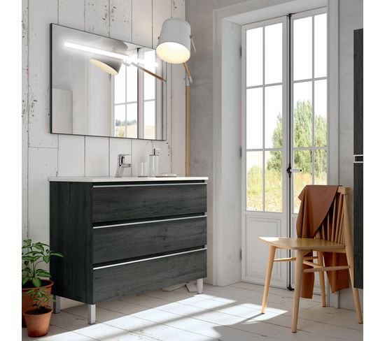 Meuble De Salle De Bain Simple Vasque - Palma Et Miroir LED Stam - Ebony (bois Noir) - 100cm