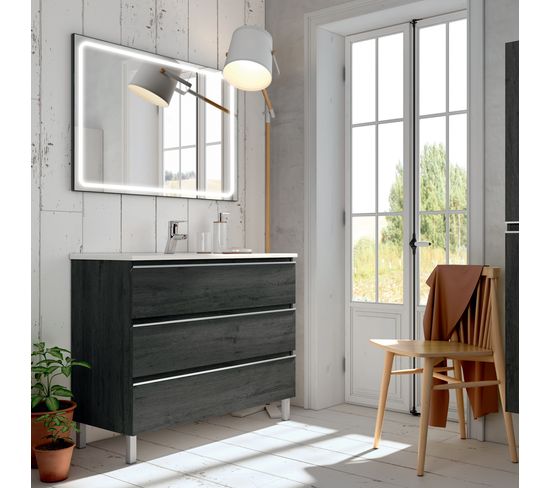 Meuble De Salle De Bain Simple Vasque - Palma Et Miroir LED Veldi - Ebony (bois Noir) - 100cm