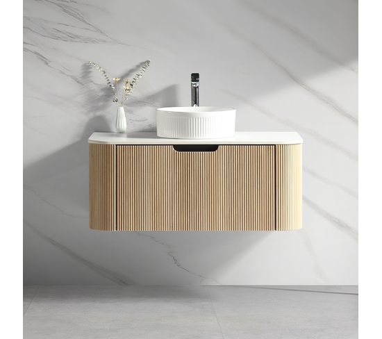 Meuble simple vasque rond blanc wave 100 cm chêne clair Aquagiro