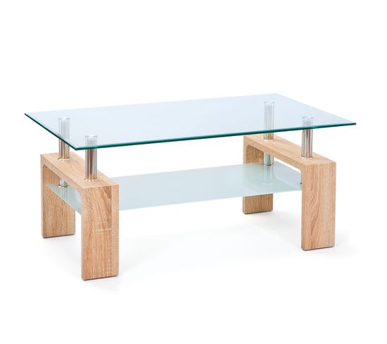 Table Basse LOANA Moderne Plateau Verre Et Décor Chêne