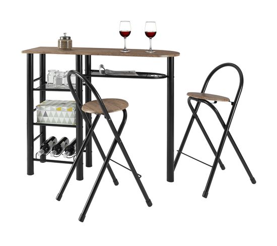 Ensemble Table Haute De Bar Et 2 Chaises Style, Décor Chêne Sauvage