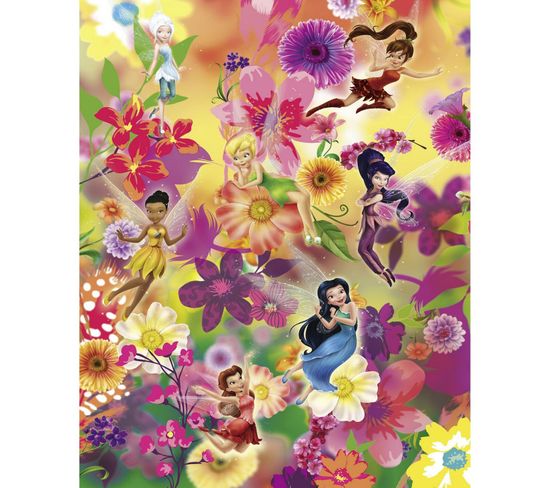 Poster Xxl Intissé Panoramique Fée Clochette Et Ses Amies Sur Fond De Fleurs Très Colorées - Disney