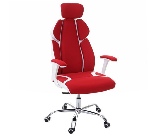 Chaise De Bureau Hwc-f12, Chaise Pivotante, Tissu + Similicuir ~ Rouge/blanc
