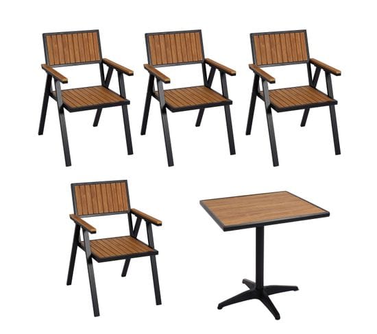 Set de 4 chaises de jardin + table de jardin HWC-J95 alu aspect bois noir, teck
