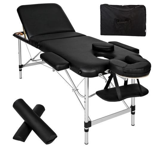 Table De Massage 3 Zones Avec Rembourrage De 5cm Et Châssis En Aluminium Et Rouleaux - Noir
