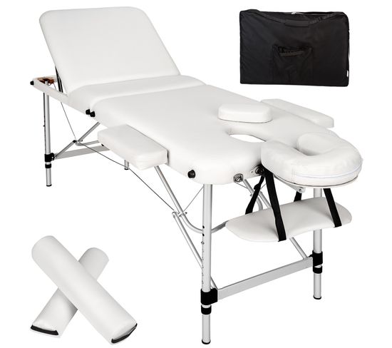 Table De Massage 3 Zones Avec Rembourrage De 5cm Et Châssis En Aluminium Et Rouleaux - Blanc