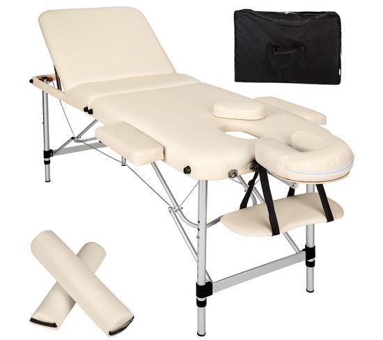 Table De Massage 3 Zones Avec Rembourrage De 5cm Et Châssis En Aluminium Et Rouleaux - Beige