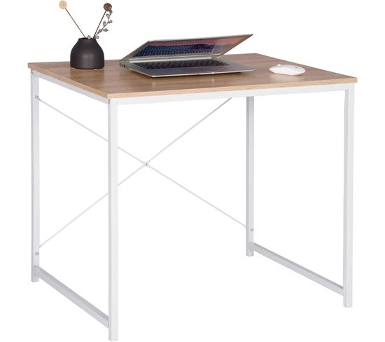 Bureau D’ordinateur.table De Bureau En Bois+acier.table De Travail.80x60x70 Cm.blanc + Chêne Clair