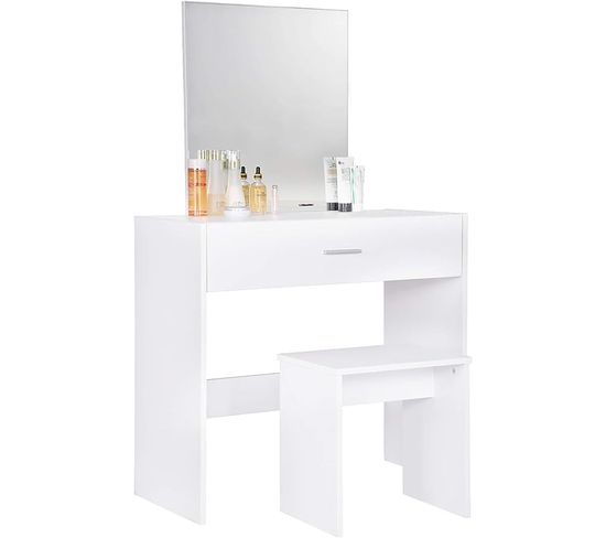 Coiffeuse Table De Maquillage Avec Miroir Et Tiroir + Coiffeuse Tabouret En Mdf+bois De Pin.blanc