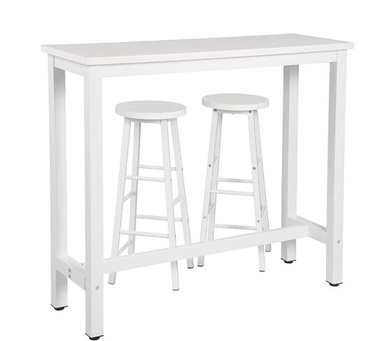 Table De Bar + Lot De 2 Tabourets De Bar En Mdf Et Métal-ensemble De Meuble 120x40x100 cm-blanc