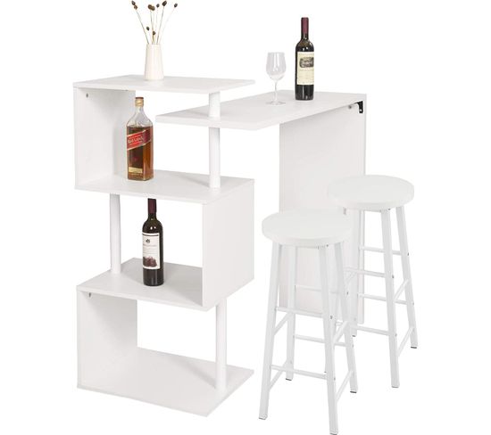 Table De Bar Rotatif + Lot De 2 Tabourets De Bar Structure En Métal Plateau En Mdf-blanc