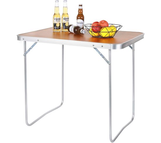 Table De Camping Pique-nique Pliante - Table De Jardin En Aluminium Et Mdf - 80x60.5x70 cm - Chêne
