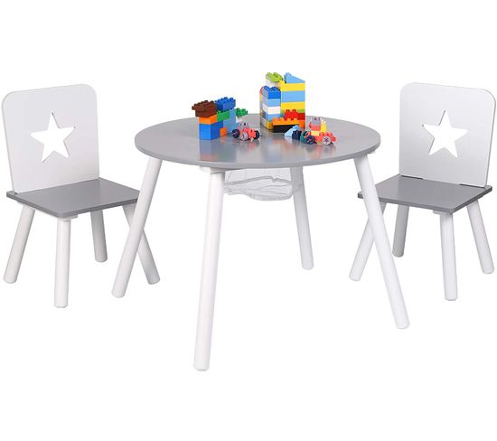 Combinaison De Table+chaises Avec Espace De Rangement En Bois.1xtable+2 Chaises Enfants.gris Blanc
