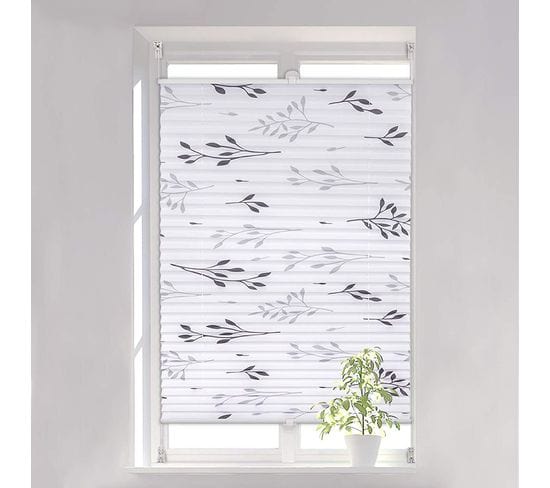 Store Plissé Fixation Sans Perçage.store De Fenêtre Avec Motif De Feuilles.60x130 cm.gris