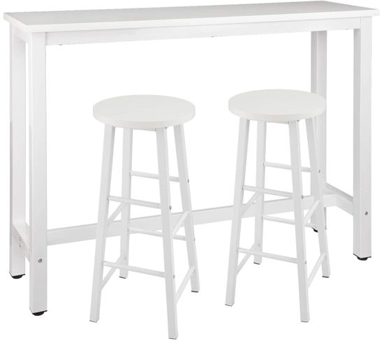 Table De Bar + Lot De 2 Tabourets De Bar En Mdf Et Métal-design Industriel-140x40x100 cm-blanc