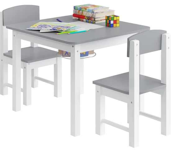 Ensemble De Table Et Chaises Pour Enfant.avec Plaque De Base De Bloc.plateau Réversible.blanc+gris