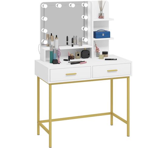 Coiffeuse Avec Miroir Et LED.table De Maquillage Avec 2tiroirs Et 3étagères.90x45x137cm.blanc+doré.