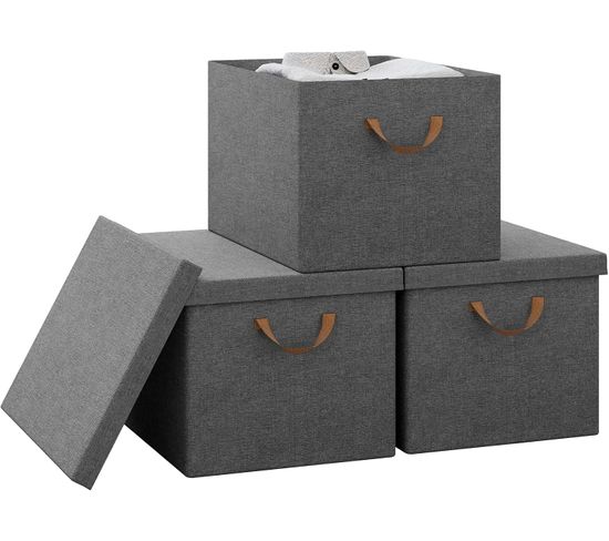 Lot De 3 Boîte De Rangement En Tissu Non Tissé,coffre De Rangement Avec Couvercle,48x36x30cm,gris