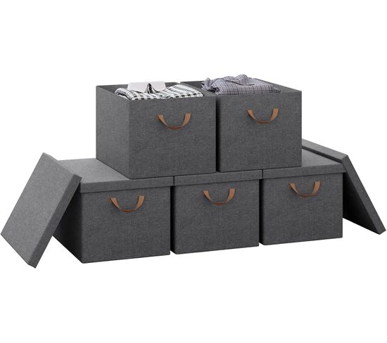 Lot De 5 Boîte De Rangement En Tissu Non Tissé,coffre De Rangement Avec Couvercle,48x36x30cm,gris