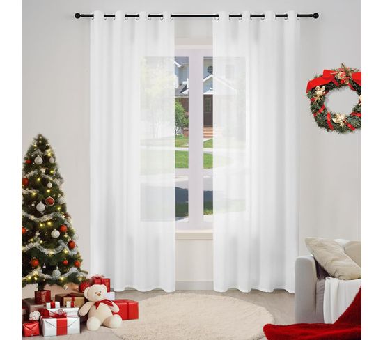 2 Pièce Rideau De Noël En Lin Souple Translucide,voilage De Fenêtre Avec Oeillets,135x175cm,blanc