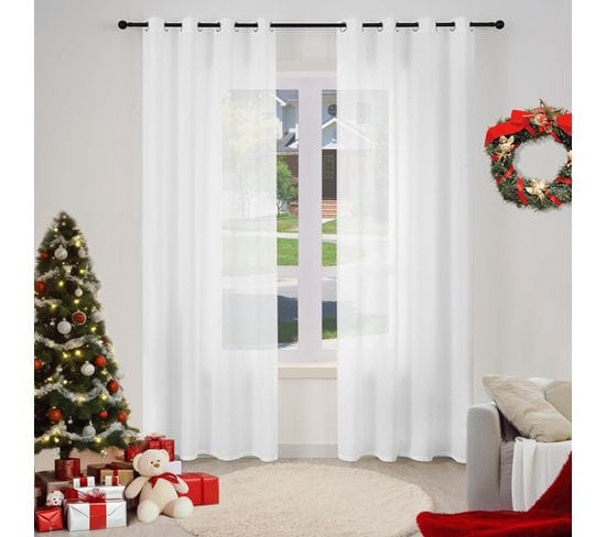 2 Pièce Rideau De Noël Translucide En Effet Lin,décoration De Fenêtre Avec Fronces,135x175cm,blanc