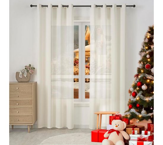 2 Pièce Rideau De Noël Translucide En Effet Lin,décoration De Fenêtre Avec Fronces,135x175cm,crème