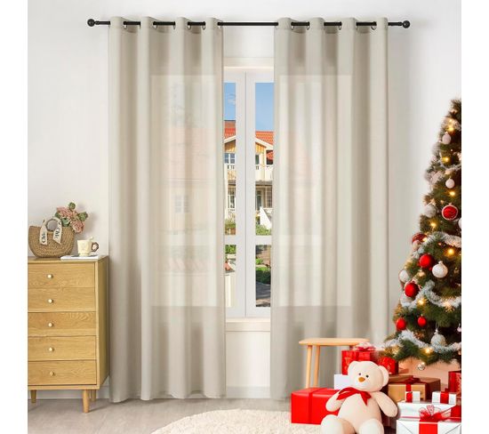 2 Pièce Rideau De Noël Translucide En Effet Lin,décoration De Fenêtre Avec Fronces,135x225cm,sable