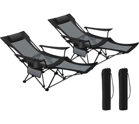 2xChaise Camping Pliante,fauteuil Avec Dossier 90-155°,repose-pieds Amovible,porte-gobeletnoir+gris