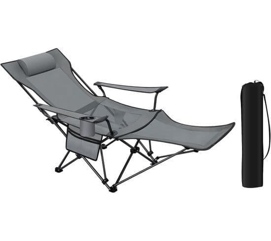 Chaise Camping Pliante,fauteuil Avec Dossier 90-155°,repose-pieds Amovible,porte-gobelet,gris