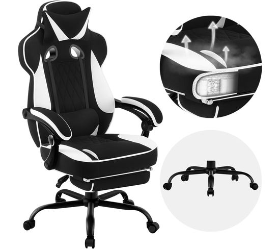 Fauteuil Gamer Pivotante,hauteur Réglable,chaise Bureau Avec Réssorts,en Tissu Leathaire,noir+blanc