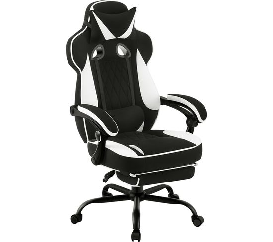 Fauteuil Gamer Pivotante,hauteur Réglable,chaise De Bureau Avec Réssorts,en Tissu Maillé,noir+blanc