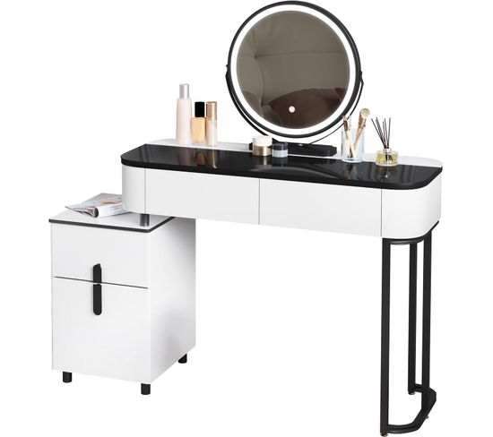 Coiffeuse Avec Miroir LED,3 Couleurs,table Maquillage Avec Plateau En Verre Trempé,tiroirs,armoire