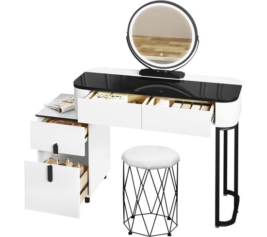 Coiffeuse Avec Miroir LED+tabouret,table Maquillage Avec Plateau En Verre Trempé,tiroirs,armoire